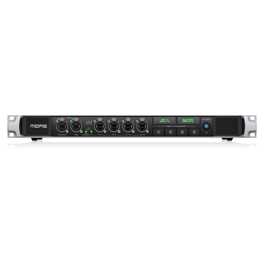 MIDAS - Monitor System Hub with 4 PoE Ports for Personal Mixers or Compatible Stage Boxes, 48/44.1 kHz AES50 In and Through, StageCONNECT and 16-Channel Analogue Out