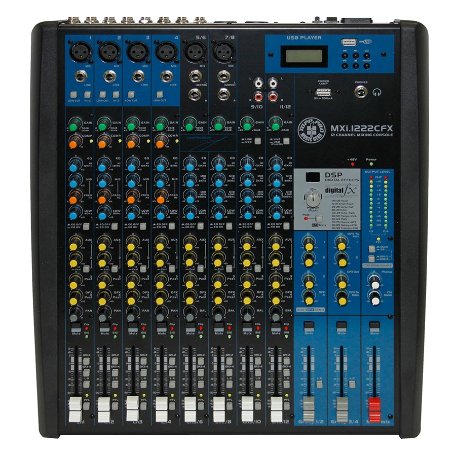 TOPP PRO - Topp Pro MXi.1222CFX 12-Input Mixer C/W Hi-Z In, Compressors, FX, MP3 Player & USB Audio Interface